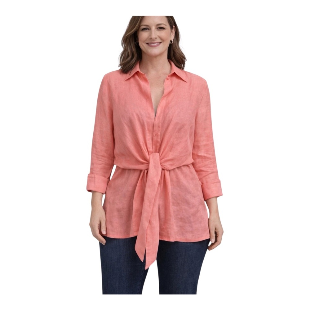 Neiman Marcus Linen Tie-Front Coral Pink Long-Sleeve Shirt Small Cottagecore